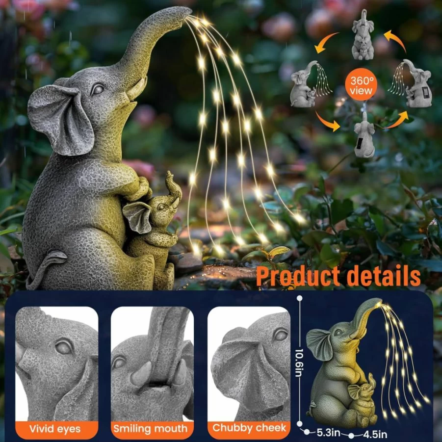 YDKOJGW Solar-Powered LED Elephant Garden Statue - Outdoor Lawn Decor for Patio, Balcony, Yard - Unique Housewarming Gift & Lucky Mother's Day Present