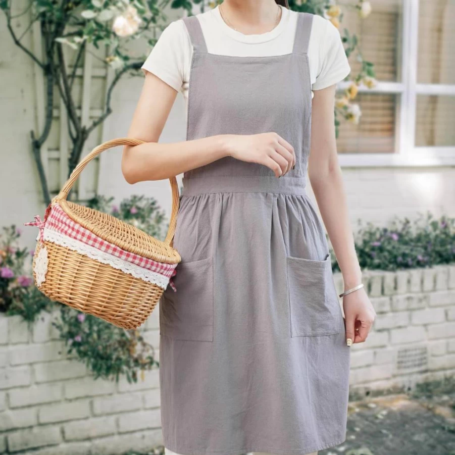 Pinknoke Women's Cotton Linen Pinafore Apron Dress - Cute Art Chef Apron with Pockets for Kitchen, Baking, Gardening & Painting