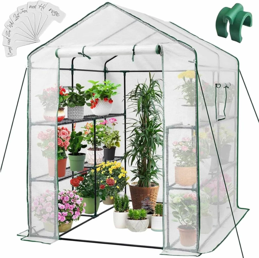 Greengro 57x57x76 Inch Walk-In Greenhouse Kit with Thicken PE Cover, 3 Tiers 8 Shelves, Durable Outdoor Greenhouses for Backyard, Indoor & Outside Gardening