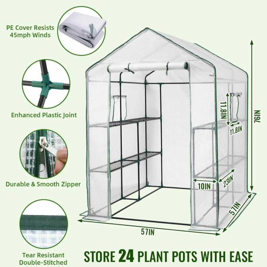 Greengro 57x57x76 Inch Walk-In Greenhouse Kit with Thicken PE Cover, 3 Tiers 8 Shelves, Durable Outdoor Greenhouses for Backyard, Indoor & Outside Gardening