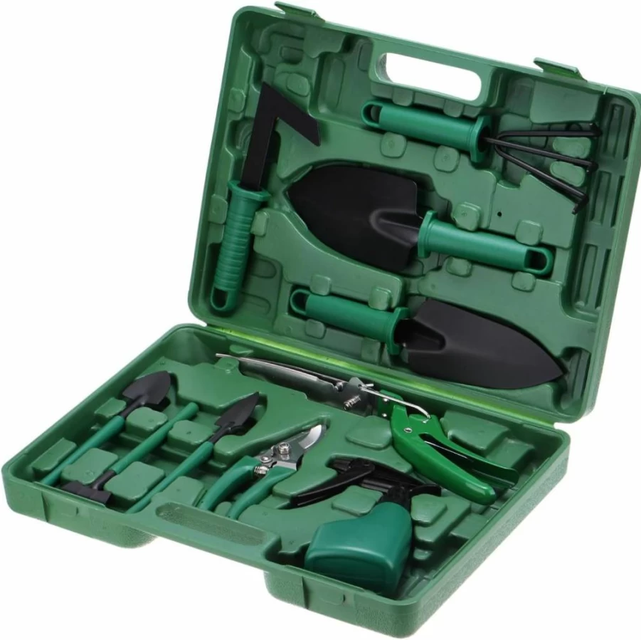 HARFINGTON 10-Piece Plastic Gardening Tool Set with Shovel, Rake, Scissors, Trimmer, Sprayer & Storage Case - Green Outdoor Planting Kit