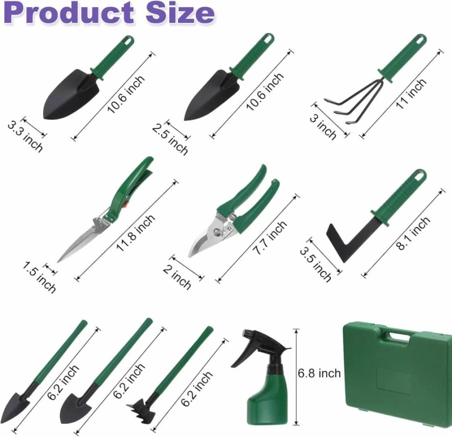 HARFINGTON 10-Piece Plastic Gardening Tool Set with Shovel, Rake, Scissors, Trimmer, Sprayer & Storage Case - Green Outdoor Planting Kit