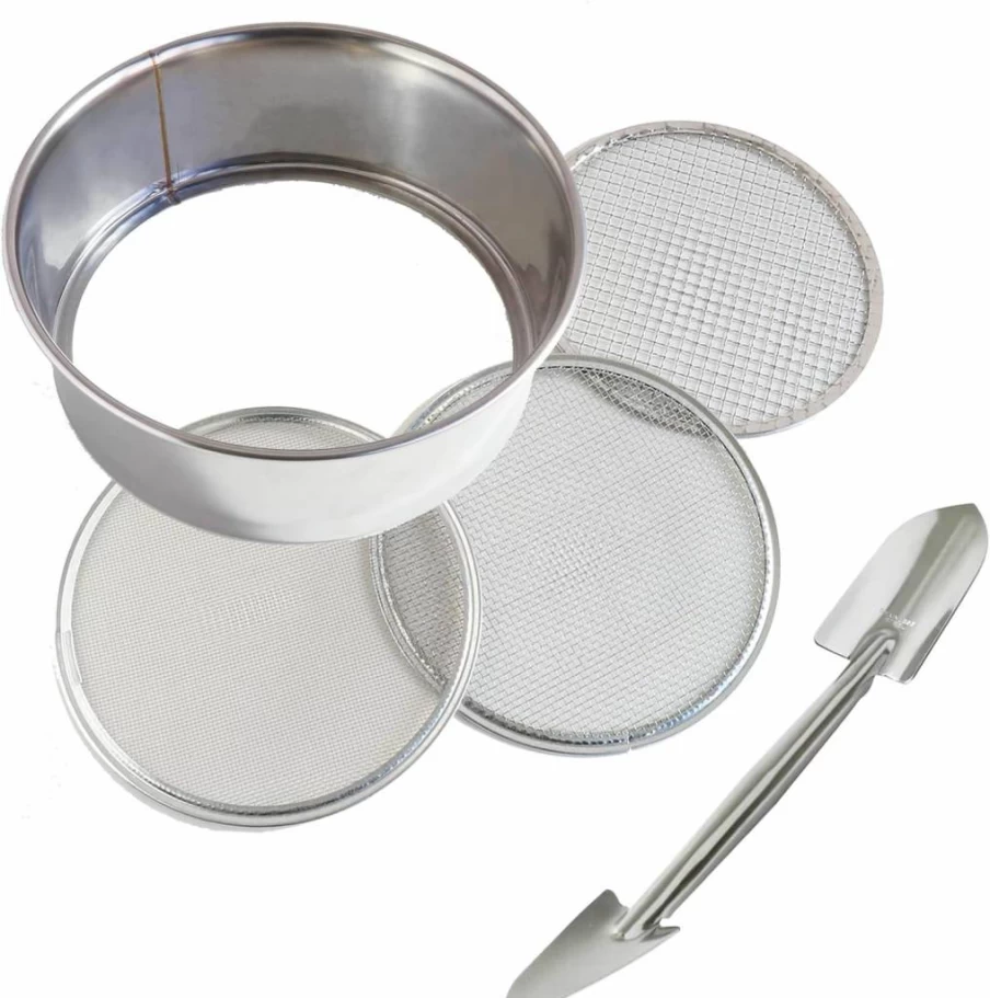 Wazakura 3-Piece Stainless Steel Soil Sieve Set with Scoop - Interchangeable Mesh Filters for Bonsai, Gardening, and Potting