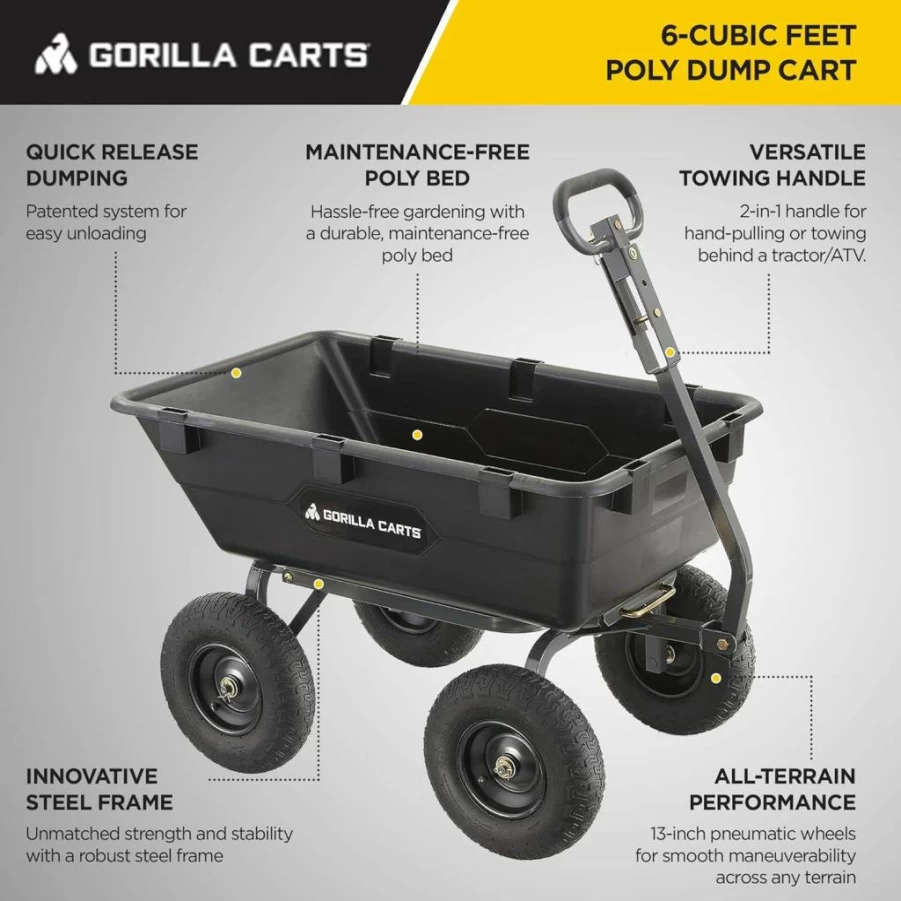 Gorilla Carts 4 Cu Ft Heavy Duty Utility Garden Dump Wagon with Pneumatic Tires - 600 LB Capacity Outdoor Wheelbarrow for Landscaping, Yard & Gardening