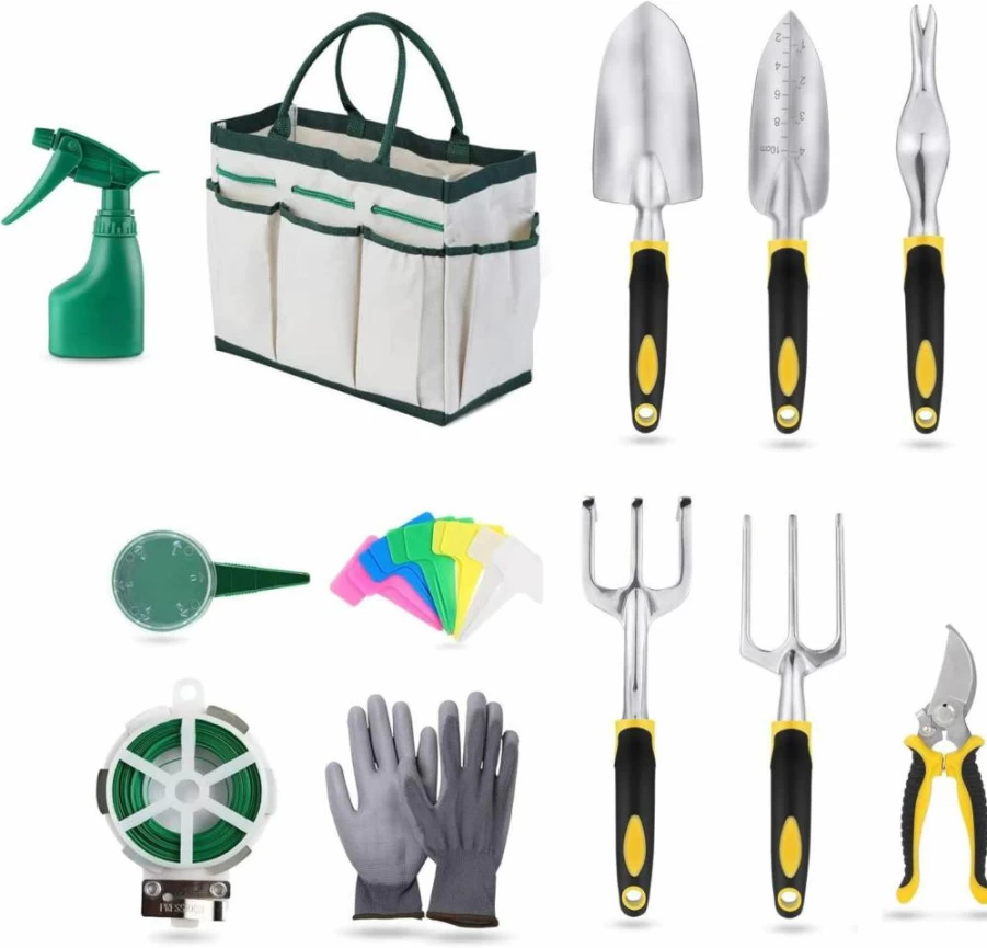 Y&Y Decor 12-Piece Heavy Duty Gardening Tool Set with Cast Aluminum, Non-Slip Rubber Handles, Storage Tote Bag & Pruning Shears