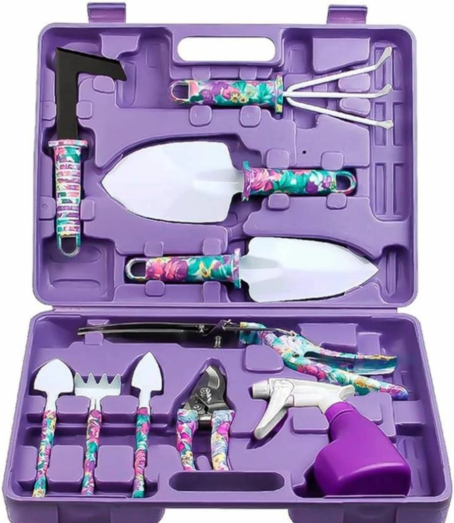 Jhua 10-Piece Purple Flower Print Gardening Tool Set with Ergonomic Handles, Trowel, Rake, Shears, Weeder, Pruner, Sprayer, and Carrying Case - Ideal Garden Gift for Women