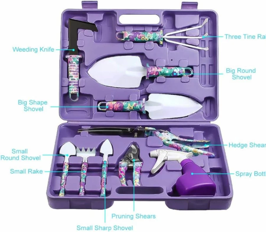 Jhua 10-Piece Purple Flower Print Gardening Tool Set with Ergonomic Handles, Trowel, Rake, Shears, Weeder, Pruner, Sprayer, and Carrying Case - Ideal Garden Gift for Women