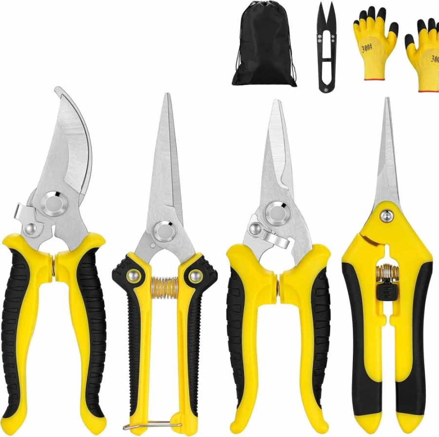 Topbooc 5-Pack Heavy Duty Garden Pruning Shears Set with Stainless Steel Blades, Gardening Gloves, Bypass Trimmers & Secateurs for Trees, Plants - Multi-Color Hand Pruners