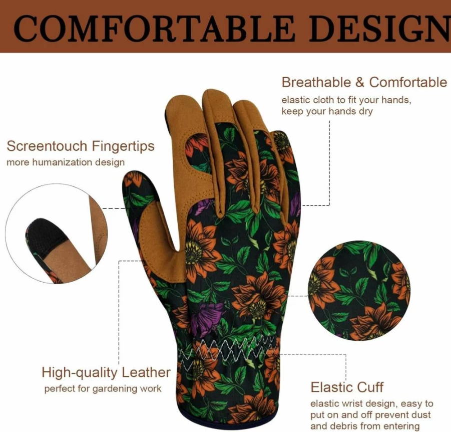 MERTURN Women's Leather Gardening Gloves - Thorn Proof, Touch Screen Compatible, Durable Working Gloves for Outdoor Planting & Protection