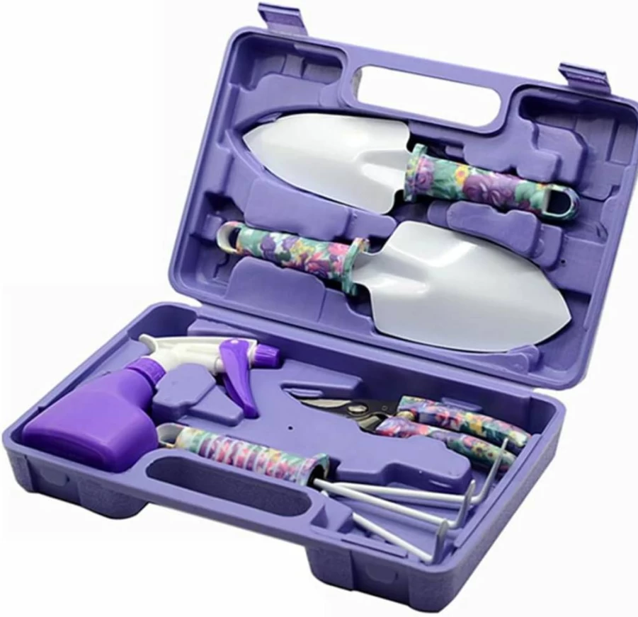 PURFUN 5-Piece Stainless Steel Gardening Tool Set with Anti-Rust Coating & Floral Design - Grass Trimmer, Branch Cutter, Sprayer & Carrying Case for Adults & Kids
