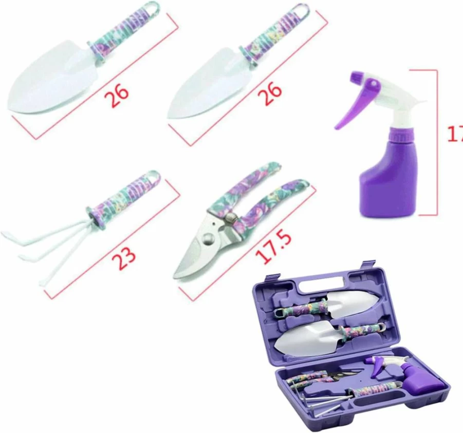 PURFUN 5-Piece Stainless Steel Gardening Tool Set with Anti-Rust Coating & Floral Design - Grass Trimmer, Branch Cutter, Sprayer & Carrying Case for Adults & Kids