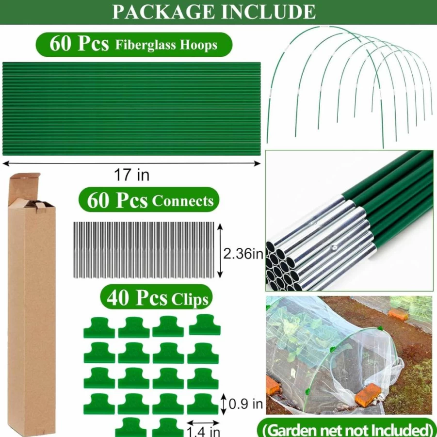 WYRJXYB 10-Pack 8FT Fiberglass Greenhouse Hoops Kit - Rust-Free Garden Tunnel Supports for Raised Beds, Plant Covers, and DIY Row Crop Protection (60 Pcs)