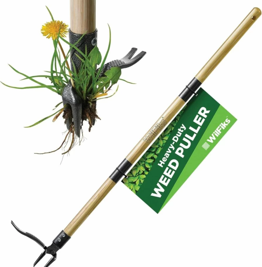 WilFiks Heavy Duty Weed Puller Tool - 41 Inch Wooden Handle, 4-Claw Steel Head with Foot Platform for Effortless Garden Weeding