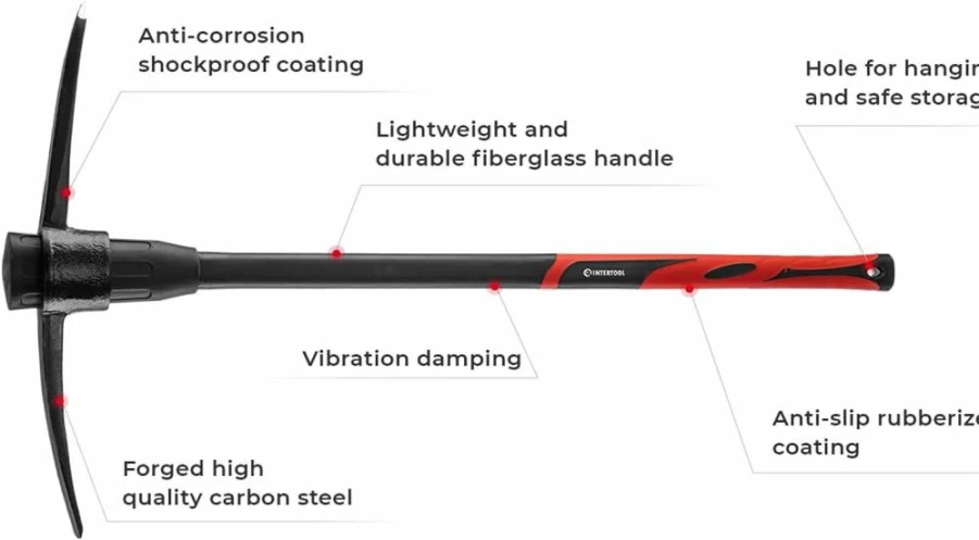 INTERTOOL HT08-0307 36" Fiberglass Handle Mattock - Heavy Duty Digging Tool with Cutter & Adze for Gardening, Landscaping, and Construction - Non-Slip Grip