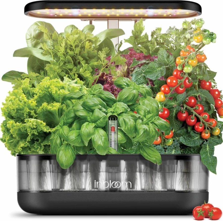InBloom Hydroponic Herb Garden Kit - 12 Pods Indoor Gardening System with Adjustable Height, 4.2L Water Pump, Ideal Gift for Women, Black