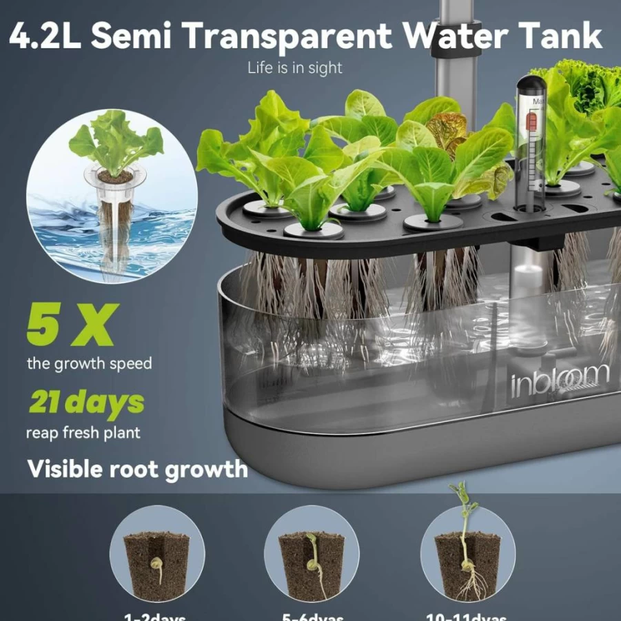 InBloom Hydroponic Herb Garden Kit - 12 Pods Indoor Gardening System with Adjustable Height, 4.2L Water Pump, Ideal Gift for Women, Black