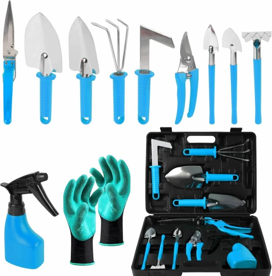 Timoplus 11-Piece Gardening Tool Set with Carrying Case - Durable Digging, Planting & Pruning Kit Includes Gloves for Men & Women (Green)