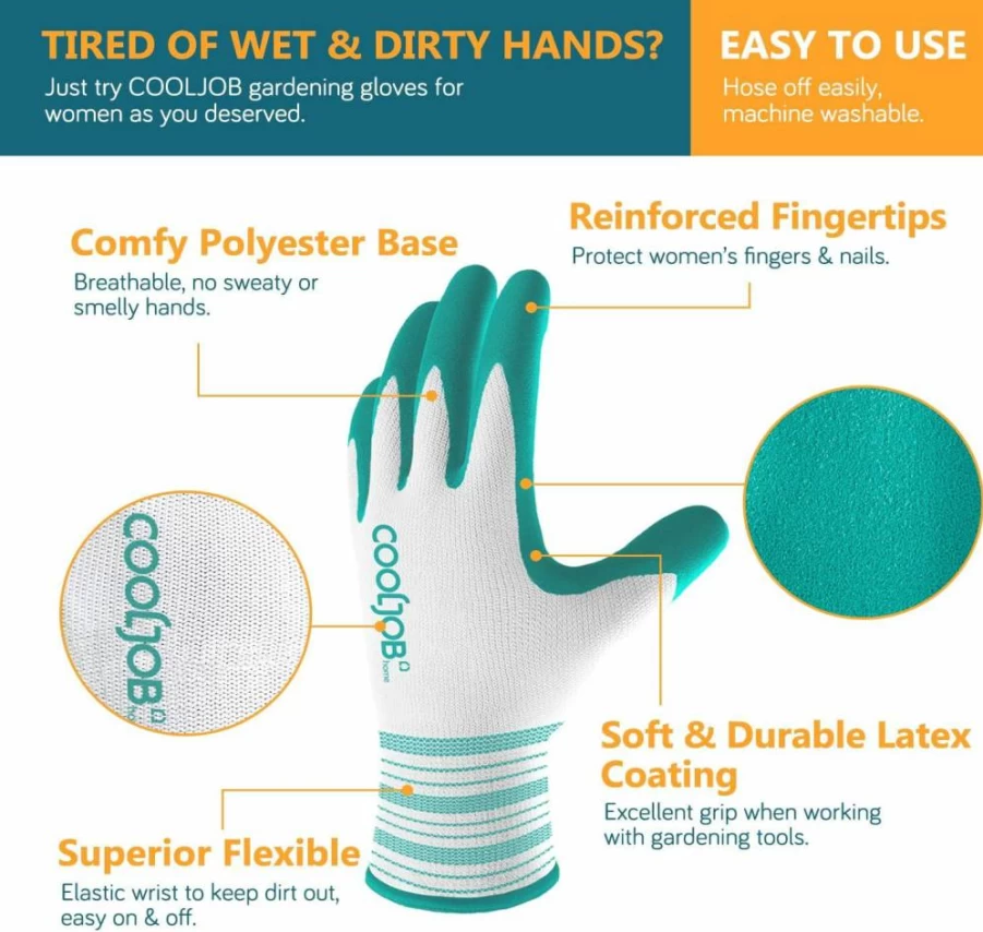 COOLJOB Women's Gardening Gloves - 6 Pairs Breathable Rubber Coated, Medium Size, Red & Green, Outdoor Indoor Yard Work Gloves with Grip Protection