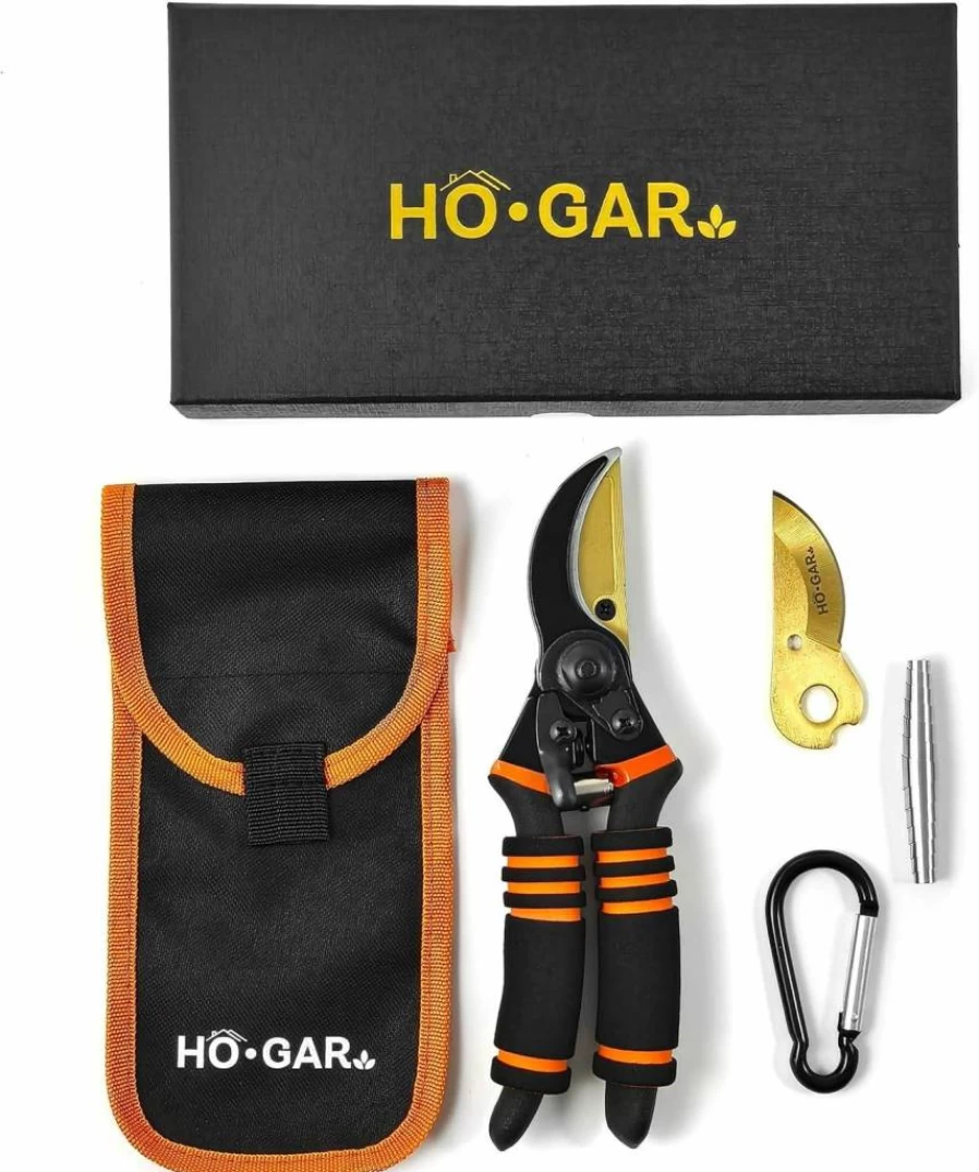 HO.GAR Premium Titanium Bypass Pruning Shears - Professional Gardening Scissors with Ergonomic Handle, Replacement Blades, Spring, Pouch & Carabiner for Heavy Duty Use
