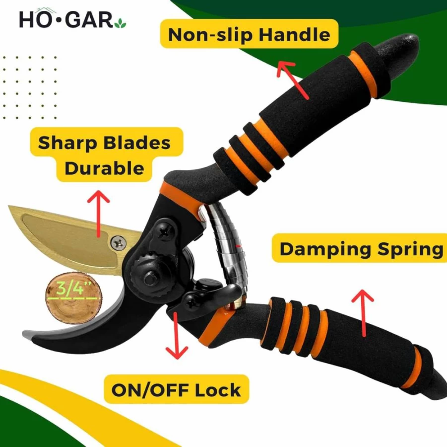 HO.GAR Premium Titanium Bypass Pruning Shears - Professional Gardening Scissors with Ergonomic Handle, Replacement Blades, Spring, Pouch & Carabiner for Heavy Duty Use