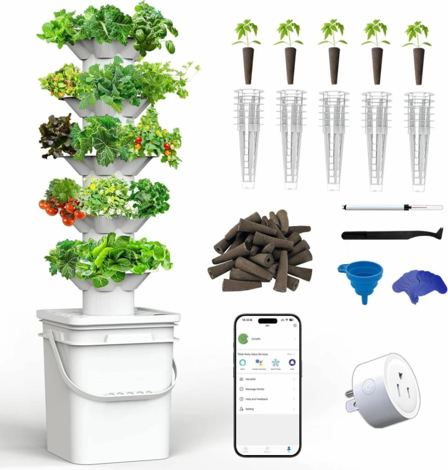 Sjzxuv 5-Layer Hydroponic Tower Kit - 30 Planting Holes Vertical Gardening System for Indoor/Outdoor Use, Space-Saving Hydroponics Growing System with Germination Kit
