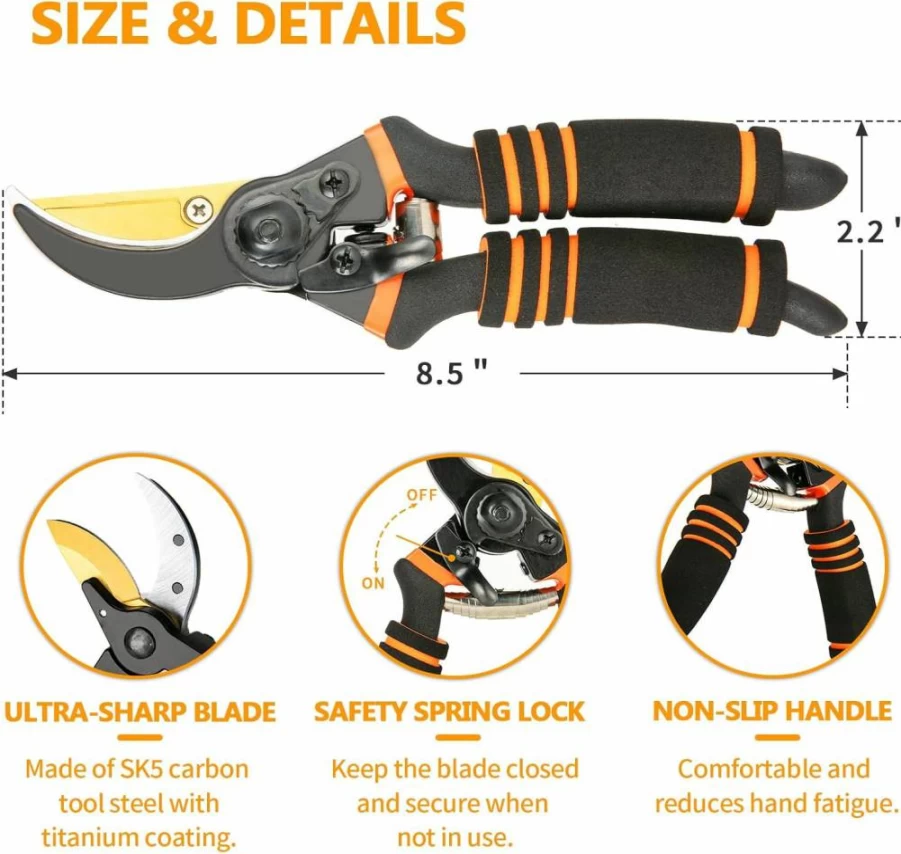 Hewog 8.5" Professional Titanium Bypass Pruning Shears - SK5 Steel Heavy Duty Garden Clippers, Sharp Hedge Trimmers for Gardening