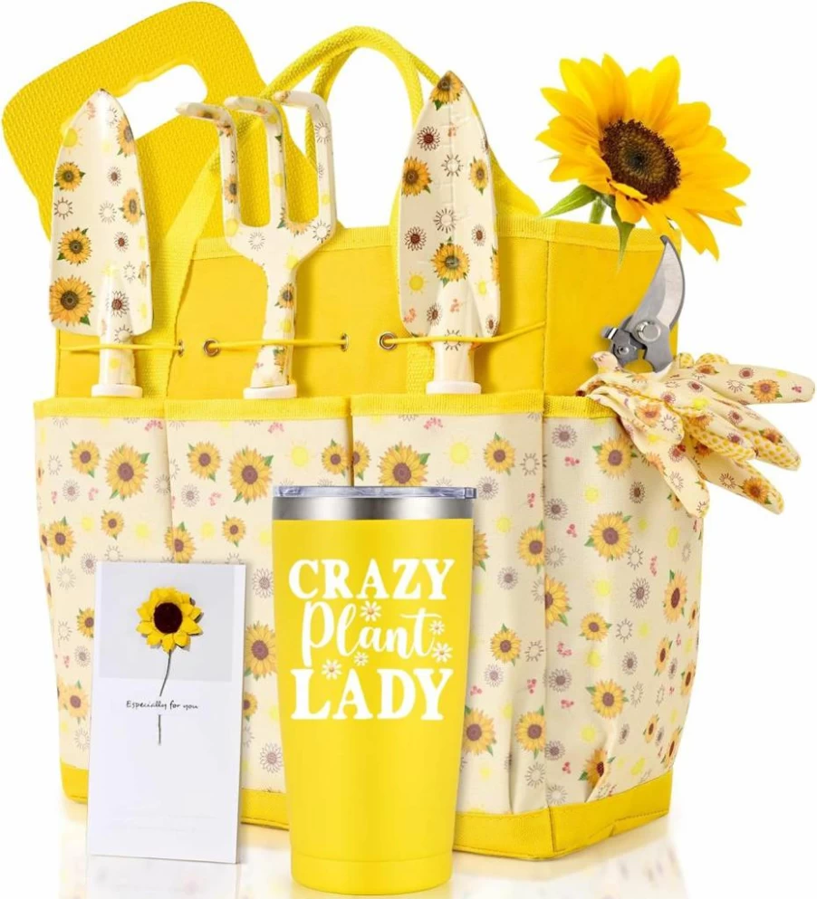 NatuBeau 9-Piece Sunflower Garden Tools Set with Storage Bag - Gardening Gifts for Women, Mom, Grandma - Yellow Gardening Kit for Planting, Weeding, and Cultivating