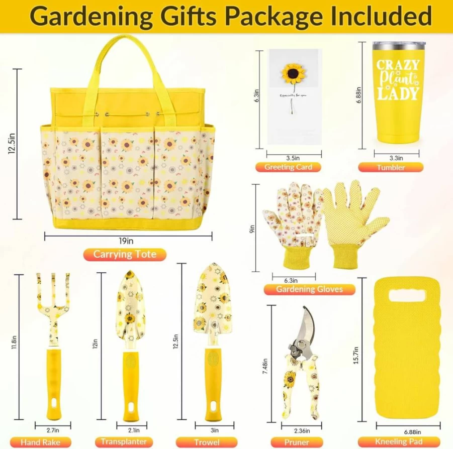 NatuBeau 9-Piece Sunflower Garden Tools Set with Storage Bag - Gardening Gifts for Women, Mom, Grandma - Yellow Gardening Kit for Planting, Weeding, and Cultivating
