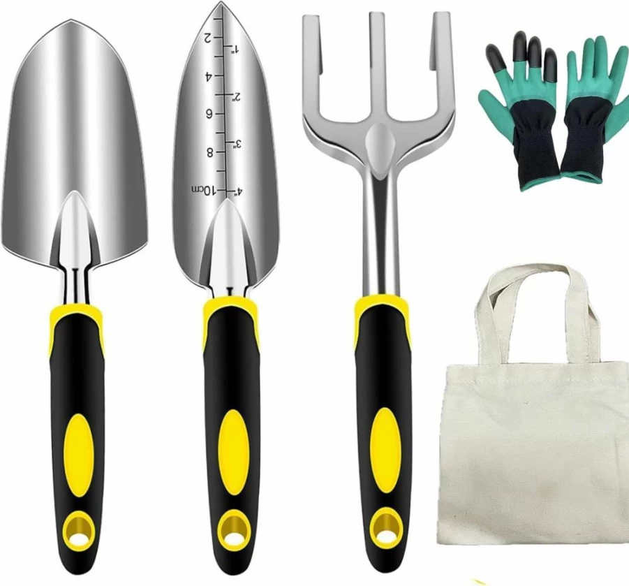 LAIZANG 5-Piece Heavy Duty Gardening Tool Set - Ergonomic Aluminum Trowel, Transplanter, Rake with Rust-Proof Claw Gloves & Durable Tote Bag - Ideal Gardening Gifts for Women & Men