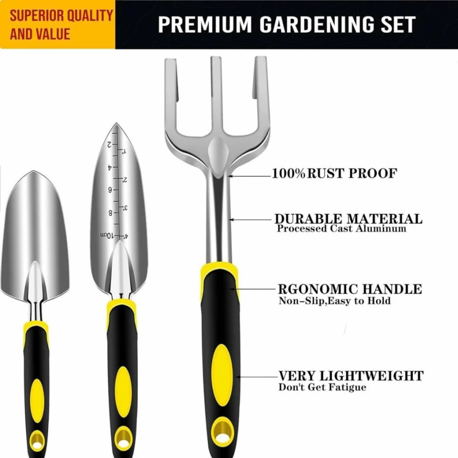 LAIZANG 5-Piece Heavy Duty Gardening Tool Set - Ergonomic Aluminum Trowel, Transplanter, Rake with Rust-Proof Claw Gloves & Durable Tote Bag - Ideal Gardening Gifts for Women & Men