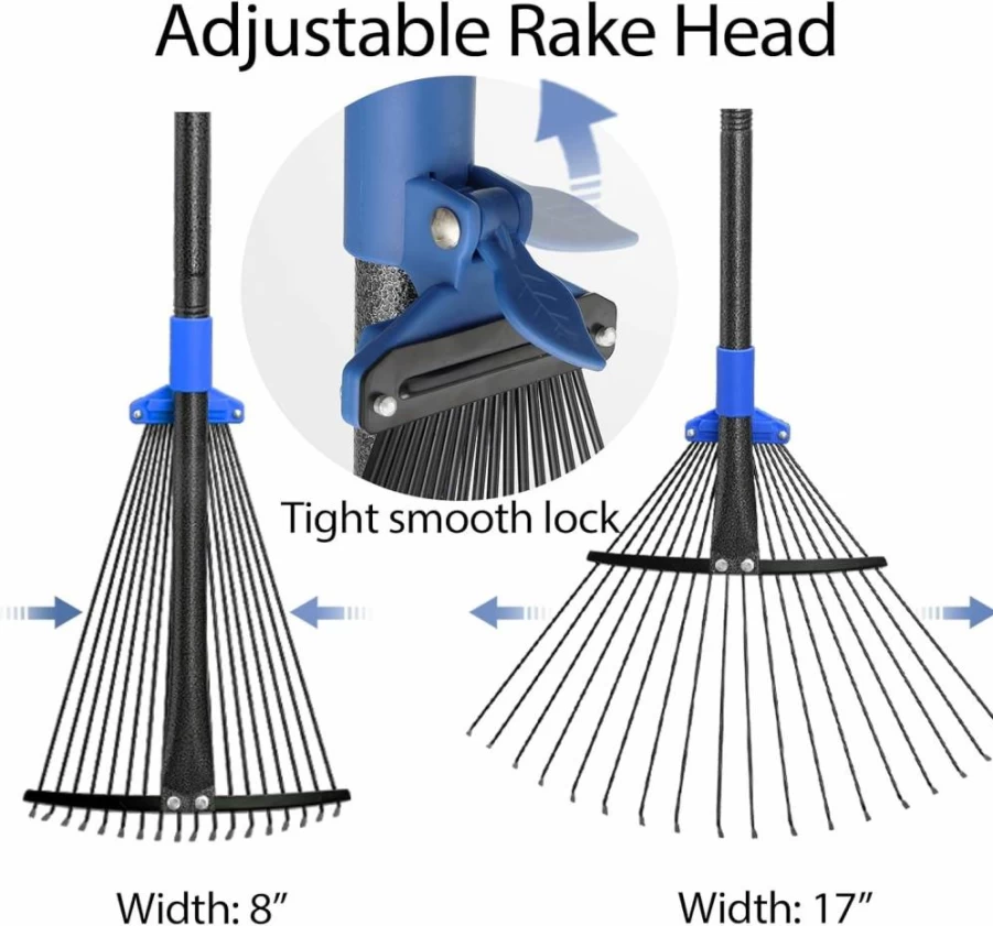 Oliynedy Adjustable Metal Leaf Rake - Heavy Duty 8-17" Expandable Head, Long Handle Garden Rake for Lawns, Yard, RV Camping - Ideal for Women & Kids