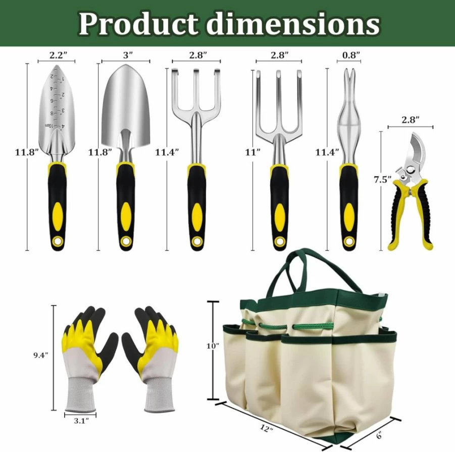 QianRuiDa 8-Piece Heavy Duty Aluminum Alloy Garden Tools Set with Storage Tote Bag, Ergonomic Rubber Grip - Indoor & Outdoor Gardening Kit for Men & Women