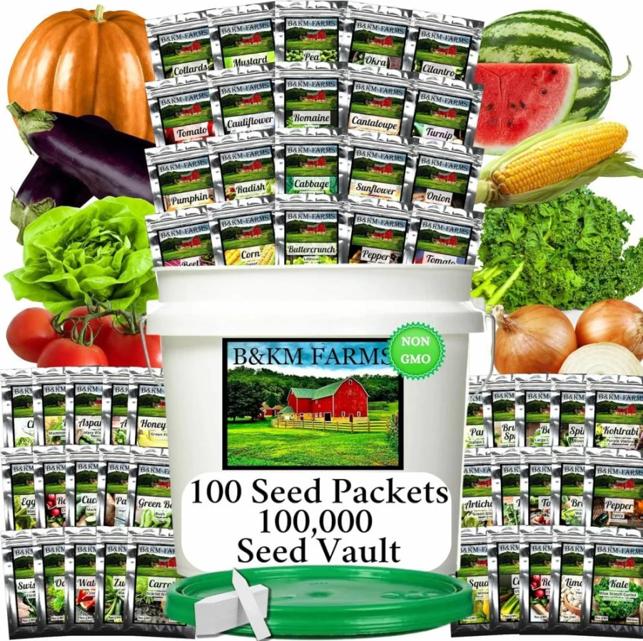 B&KM Farms 50-Variety Survival Seed Vault - 100 Non-GMO Heirloom Seed Packets for Home Gardening & Food Security