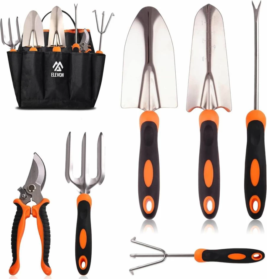 Elevon 7-Piece Heavy Duty Stainless Steel Gardening Tool Set with Ergonomic Handles & Durable Tote Bag - Orange Outdoor Garden Kit for Men & Women