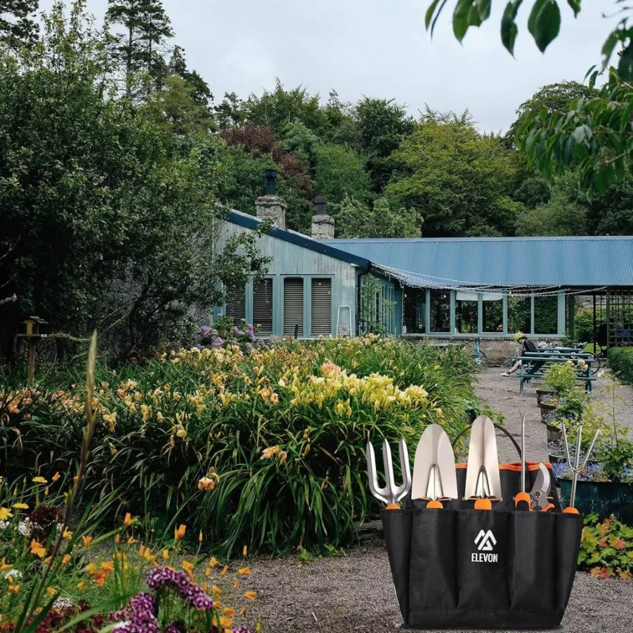 Elevon 7-Piece Heavy Duty Stainless Steel Gardening Tool Set with Ergonomic Handles & Durable Tote Bag - Orange Outdoor Garden Kit for Men & Women