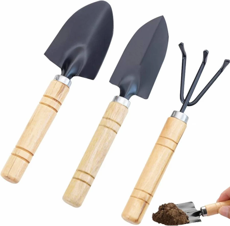 Dayake 3-Piece Mini Garden Tool Set - Steel Hand Shovel, Transplant Shovel & Rake with Wooden Handle for Potted Plants