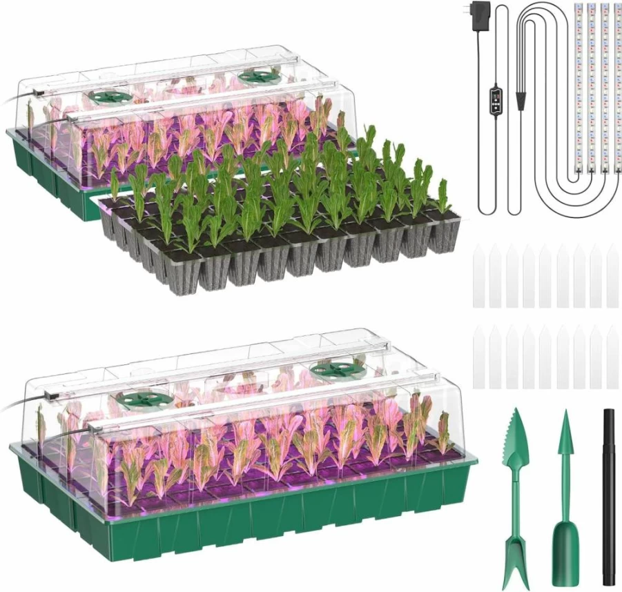 Guioiby 120-Cell Seed Starter Tray Kit with Grow Light, 2 Pack Reusable Seedling Starter Trays with Humidity Domes & Air Vents for Indoor Planting, Greenhouse Gardening (Green Base)