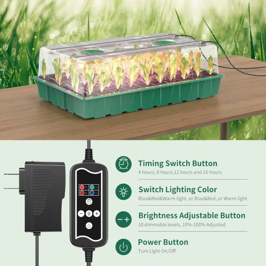 Guioiby 120-Cell Seed Starter Tray Kit with Grow Light, 2 Pack Reusable Seedling Starter Trays with Humidity Domes & Air Vents for Indoor Planting, Greenhouse Gardening (Green Base)