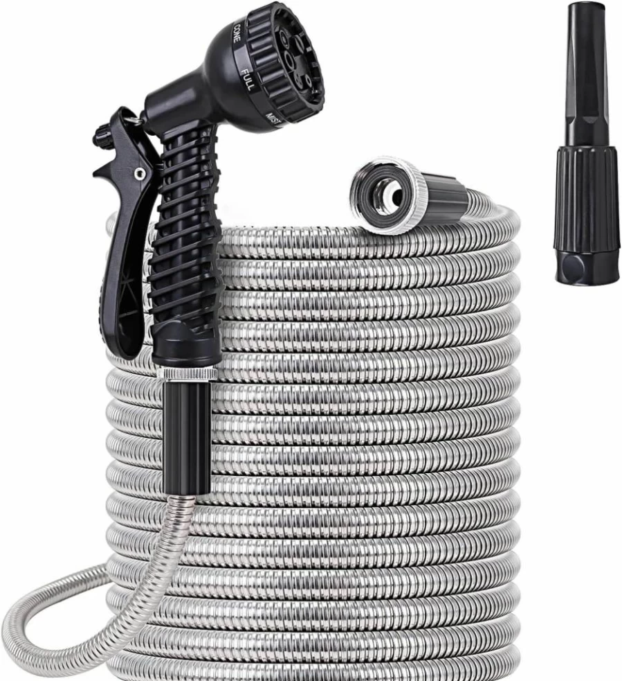FOXEASE 100FT Stainless Steel Metal Water Hose - Heavy Duty, Kink-Free, Lightweight Garden Hose with 2 Nozzles, High Pressure Flexible for Outdoor Use