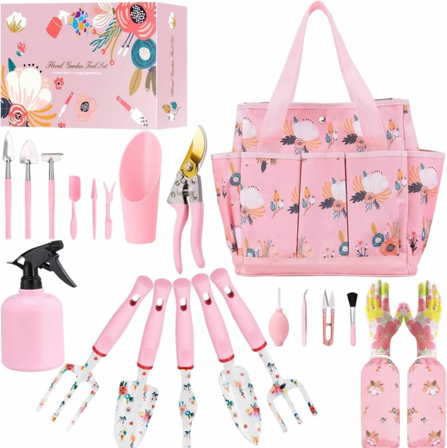 YANZI Heavy Duty Garden Tool Set for Women - Floral Purple Pruning Shears, Tote Bag & Organizer, Gardening Gifts for Her, Birthday Gift Idea