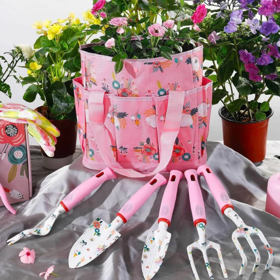 YANZI Heavy Duty Garden Tool Set for Women - Floral Purple Pruning Shears, Tote Bag & Organizer, Gardening Gifts for Her, Birthday Gift Idea