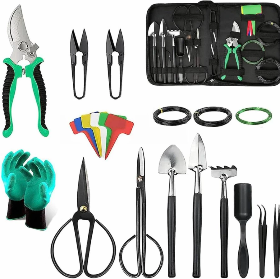 Mefape 24-Piece Bonsai Tree Starter Kit with Carbon Steel Scissors, Stainless Steel Rake, Pruning Shears, Gardening Gloves – Complete Bonsai Tool Set for Trimming and Care
