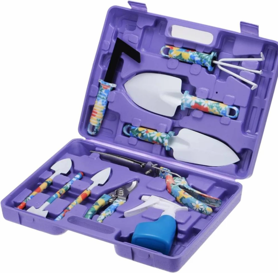 HARFINGTON 10-Piece Plastic Gardening Tool Set with Shovel, Rake, Scissors, Trimmer, Sprayer & Storage Case - Purple Outdoor Planting Kit