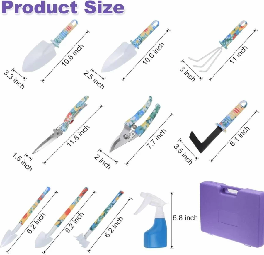 HARFINGTON 10-Piece Plastic Gardening Tool Set with Shovel, Rake, Scissors, Trimmer, Sprayer & Storage Case - Purple Outdoor Planting Kit