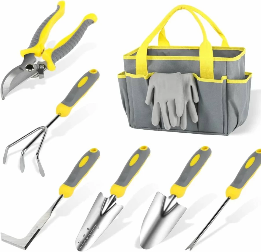 iPower 8-Piece Heavy Duty Stainless Steel Garden Tool Set with Ergonomic Non-Slip Handles, Outdoor Hand Tools, Gardening Gloves & Storage Tote Bag