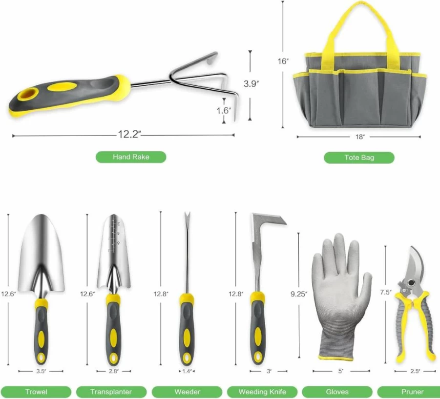 iPower 8-Piece Heavy Duty Stainless Steel Garden Tool Set with Ergonomic Non-Slip Handles, Outdoor Hand Tools, Gardening Gloves & Storage Tote Bag