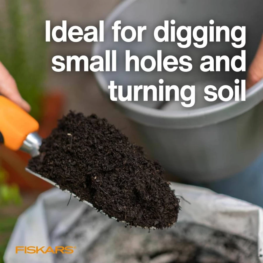 Fiskars Ergo Comfort Garden Trowel - Heavy Duty Stainless Steel Hand Shovel for Digging, Planting, and Weeding with Hanging Hole - Durable Gardening Tool