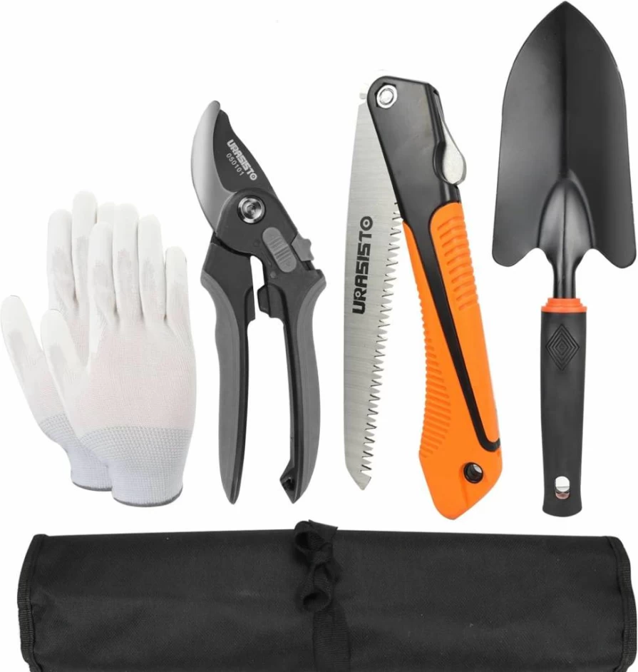 URASISTO 4-Piece Garden Tool Set with Trowel, Folding Saw, Pruner, Gloves, and Carry Bag - Ideal Gardening Gift for Men and Women