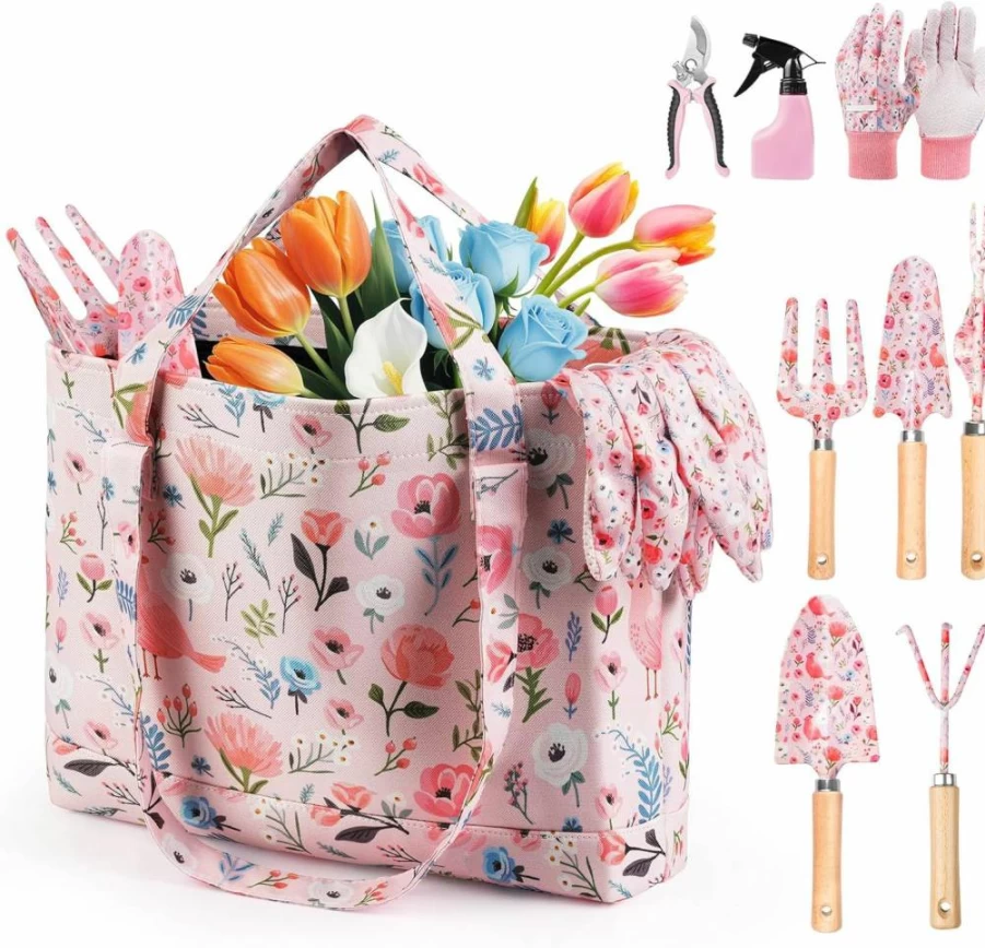 Grenebo 10-Piece Pink Gardening Tools Set for Women - Heavy-Duty Rust-Proof Kit with Floral Organizer Bag, Fashionable Gift for Female Gardeners