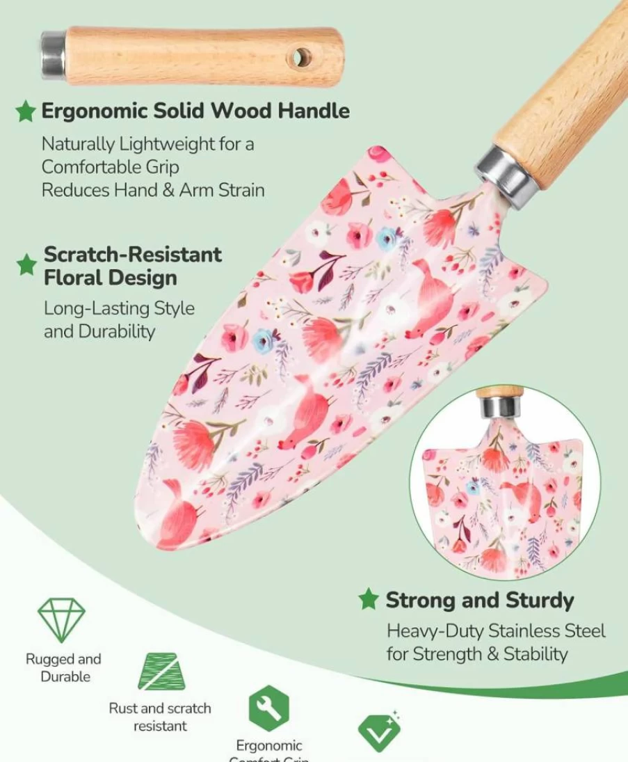 Grenebo 10-Piece Pink Gardening Tools Set for Women - Heavy-Duty Rust-Proof Kit with Floral Organizer Bag, Fashionable Gift for Female Gardeners